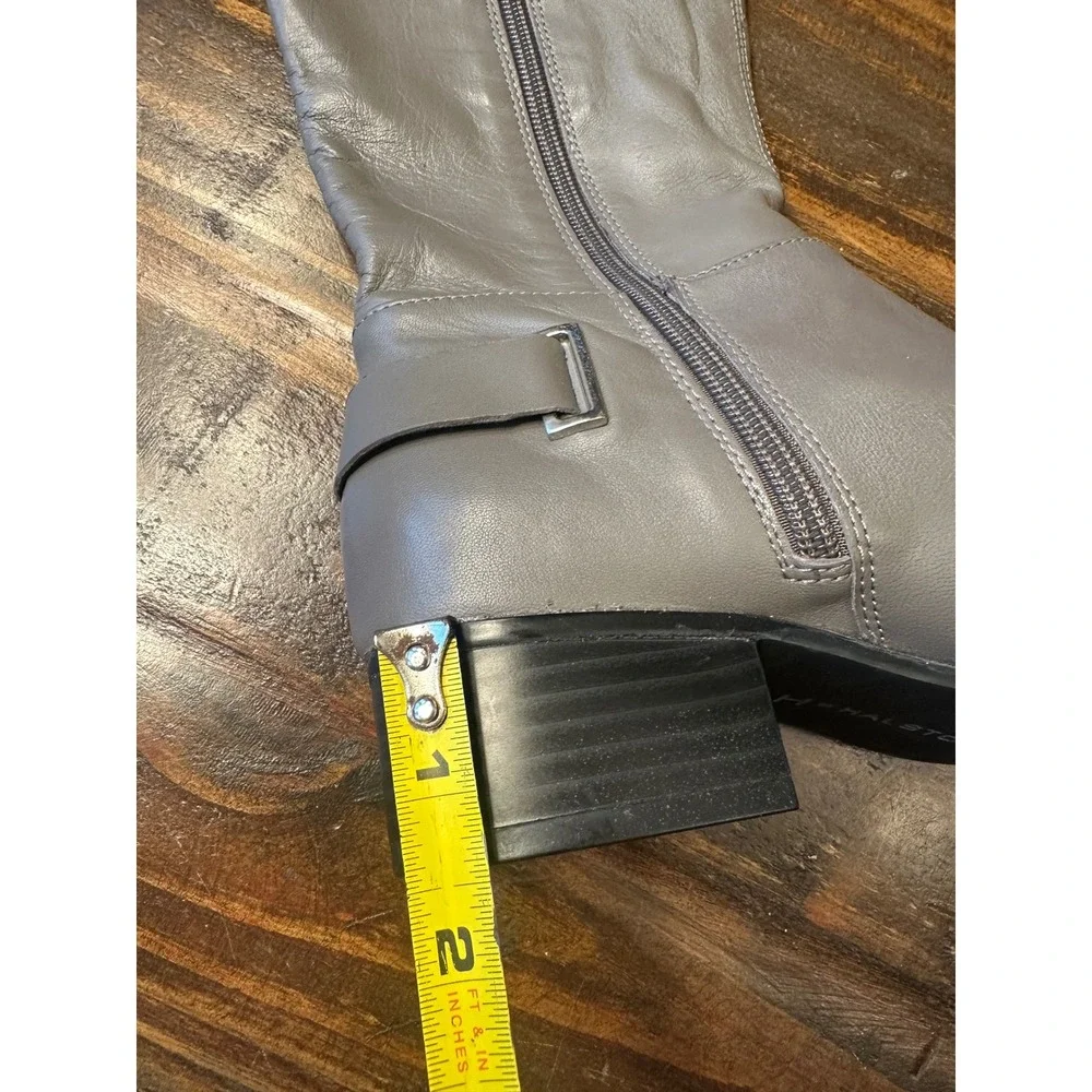 H by Halston Karlie Grey Leather Over the Knee Tall Block Heel Boots‎ 6M